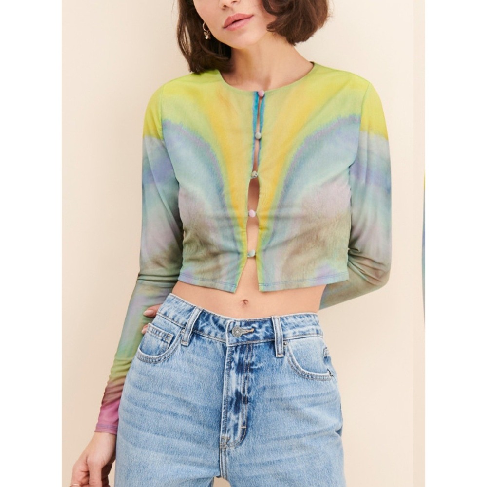 AFRM Womens Tie Dye Mesh Crop Top Long Sleeve Button Front Multi Color XS